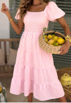Šaty midi z bufkami w kratkę Papaya růžová