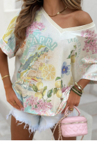 Wzorzysta Halenka oversize z dekoltem Dolce Capri ecru