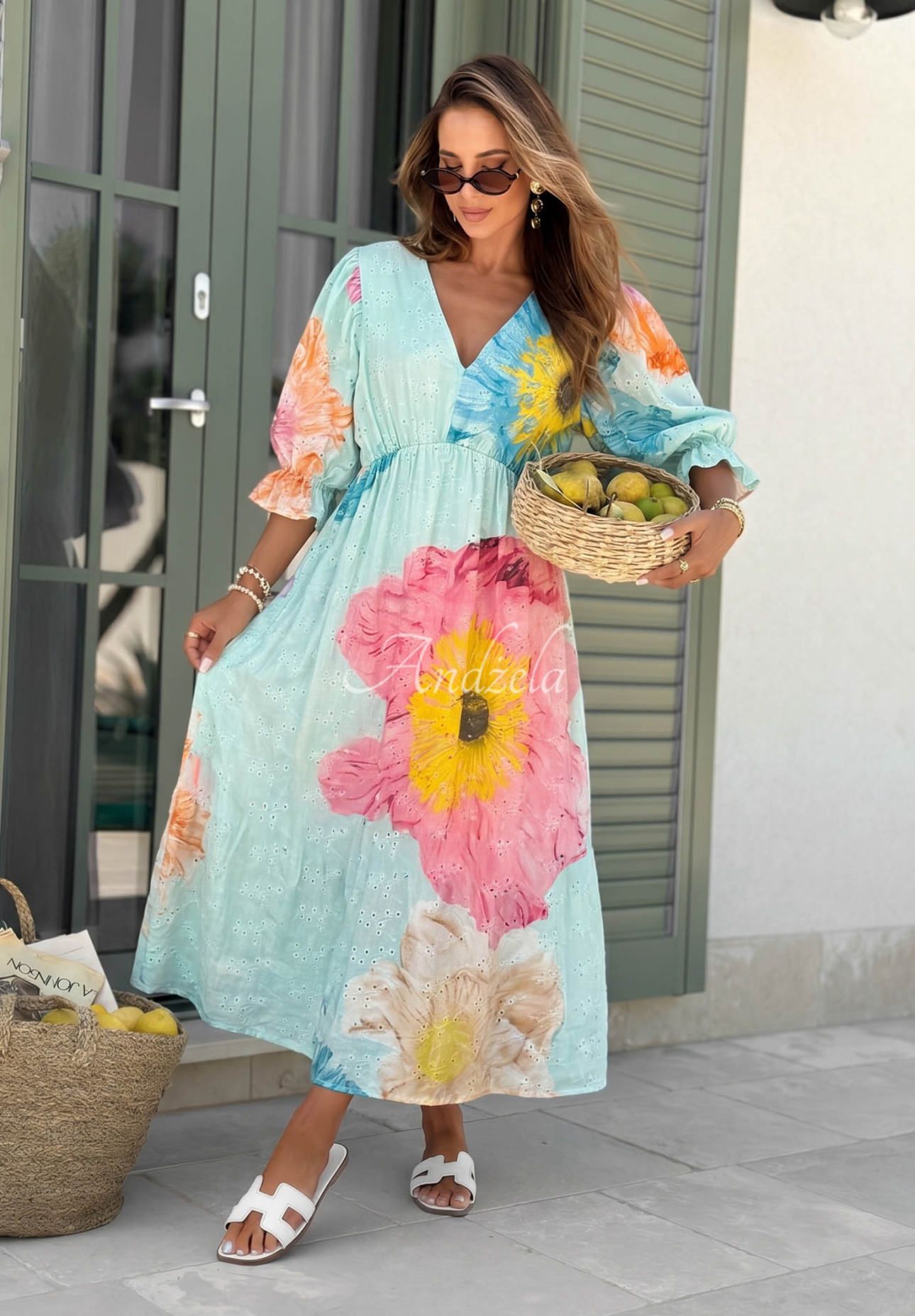 Ažurové bavlněné maxi šaty s květinovým vzorem Pretty Peony blankytná