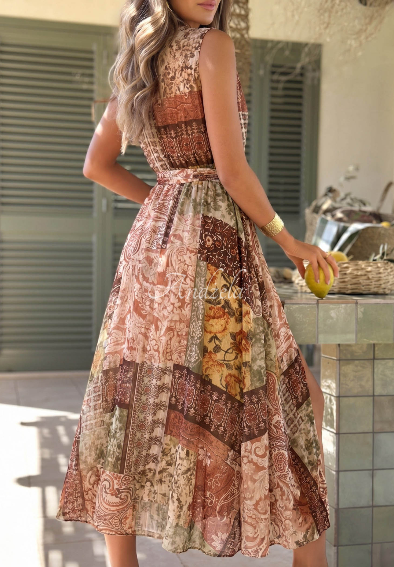 Vzorované midi šaty z tencelu s páskem Dolce Sunset čokoládová