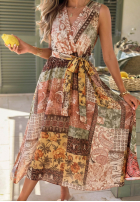 Wzorzysta Šaty midi na ramiączkach z paskiem Dolce Sunset čokoládová