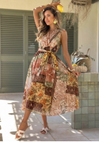 Wzorzysta Šaty midi na ramiączkach z paskiem Dolce Sunset čokoládová