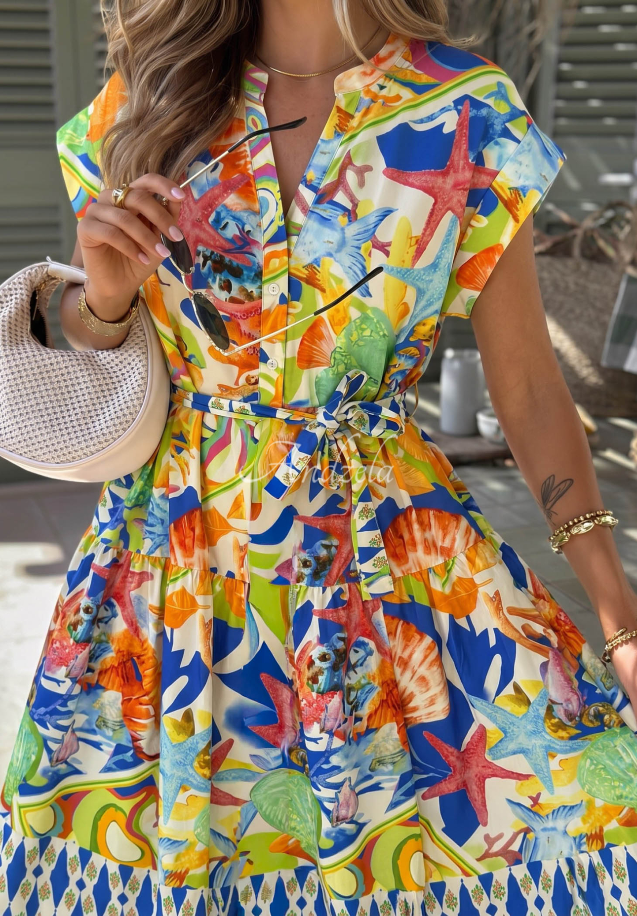 Bavlněné vzorované midi šaty s páskem Undersea Life tmavě modro-oranžové