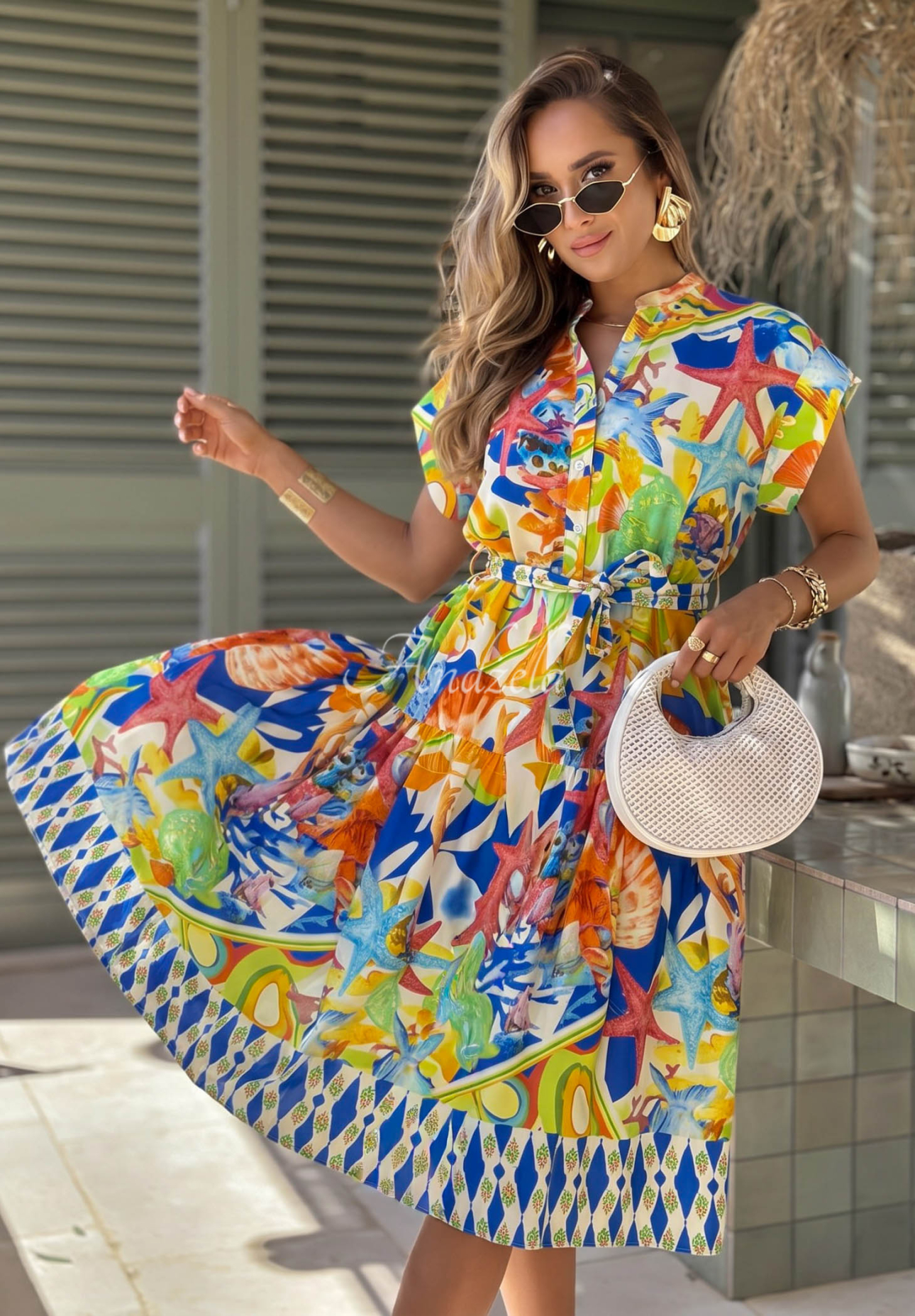 Bavlněné vzorované midi šaty s páskem Undersea Life tmavě modro-oranžové