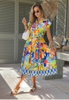 Wzorzysta Šaty midi z paskiem Undersea Life granatowo-oranžová