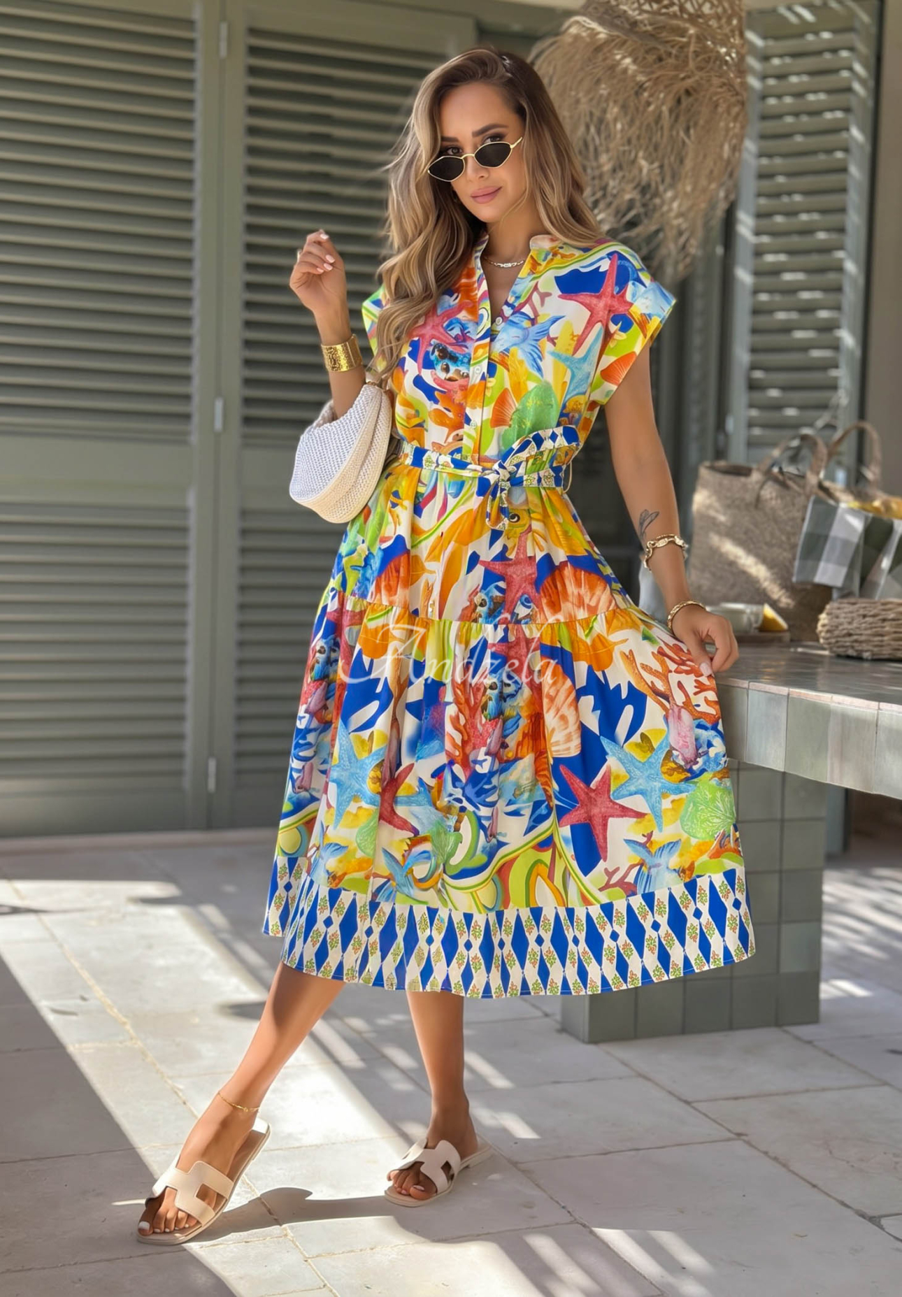 Bavlněné vzorované midi šaty s páskem Undersea Life tmavě modro-oranžové