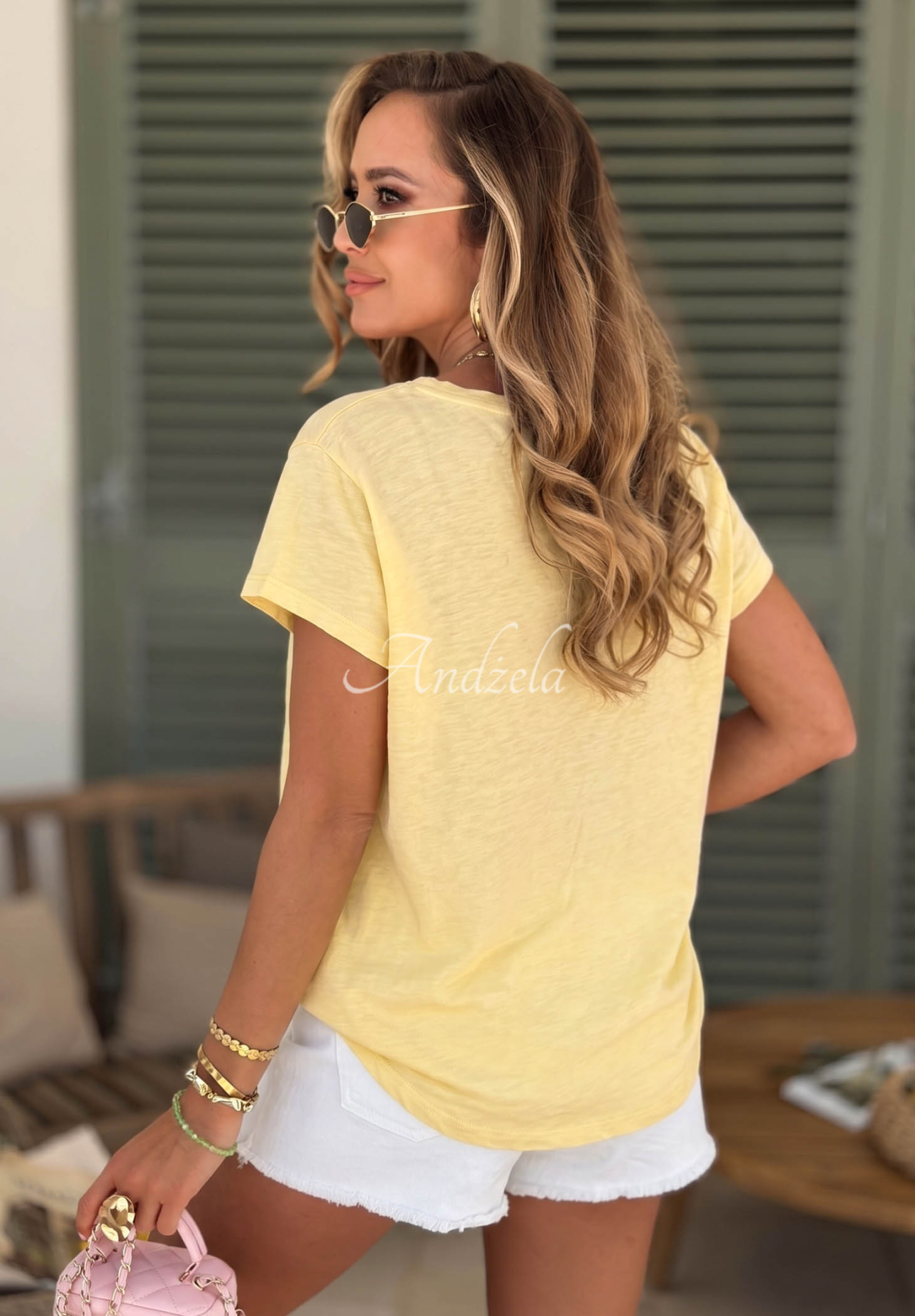 Ažurové bavlněné tričko s výstřihem Sol Riviera žlutá