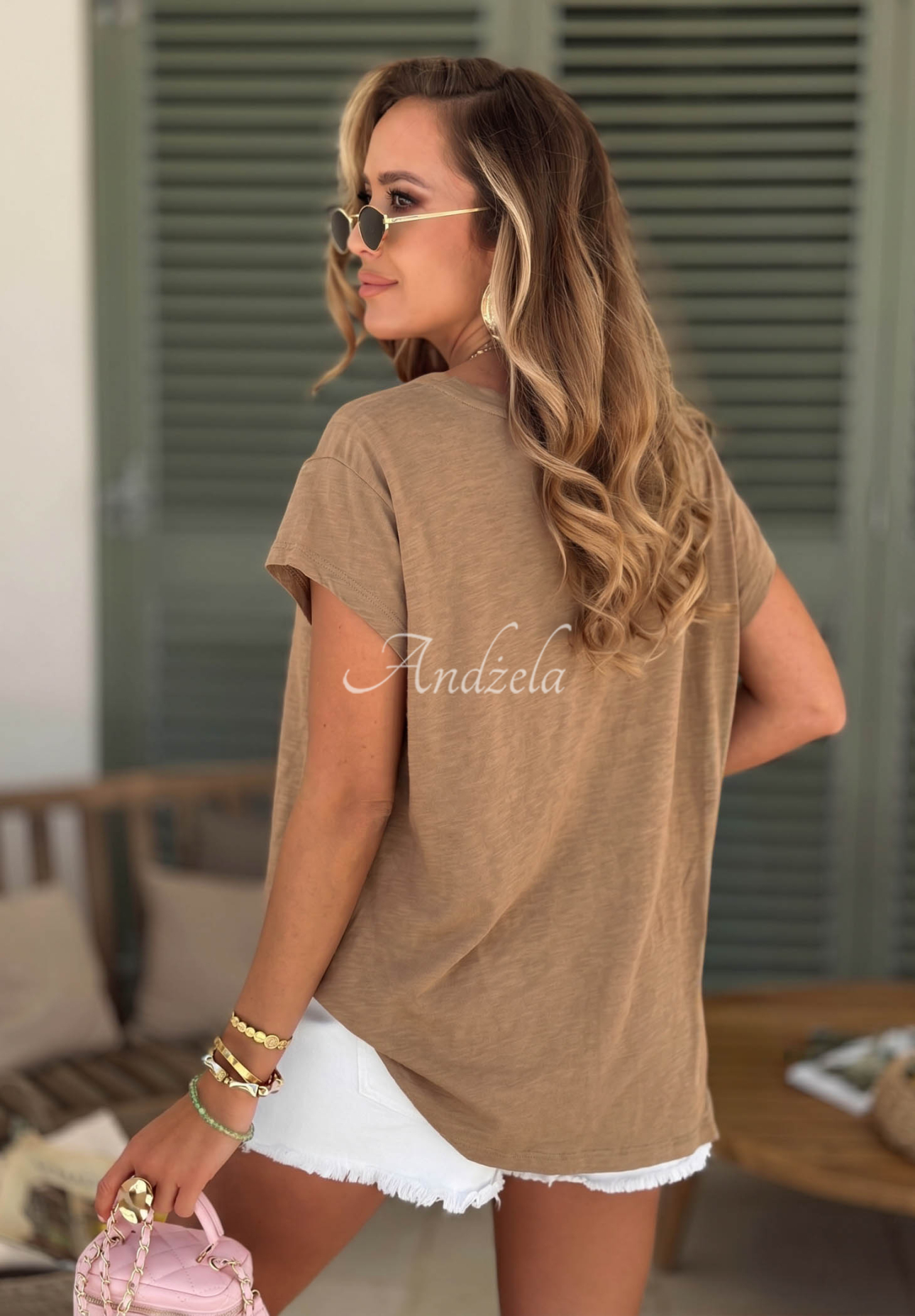 Ažurové bavlněné tričko s výstřihem Sol Riviera Mokka