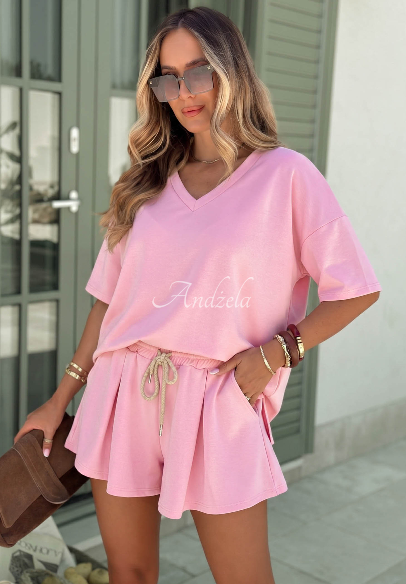 Viskózová tepláková souprava tričko a krátké šortky Willy pudrová růžová
