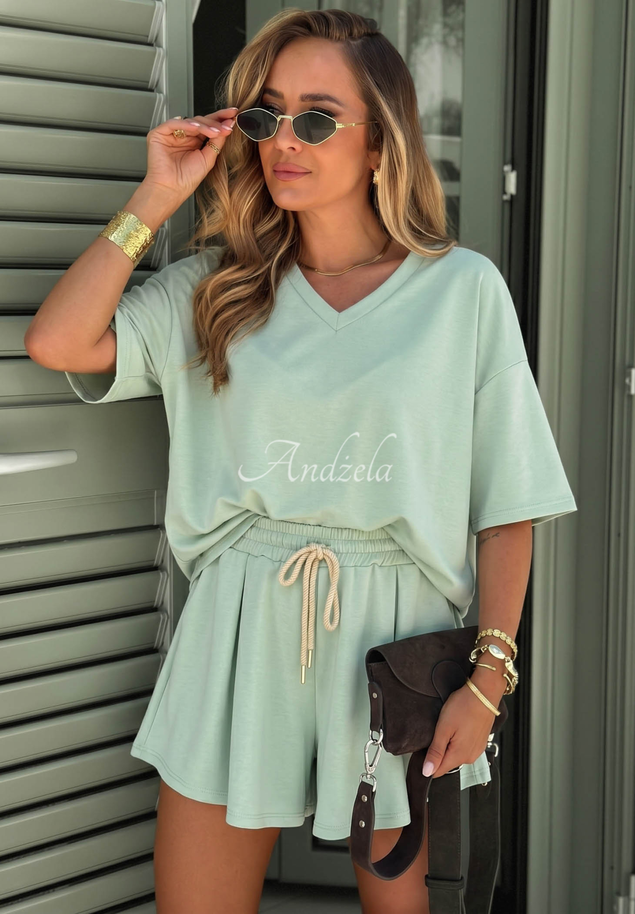 Viskózová tepláková souprava tričko a krátké šortky Willy pistáciový