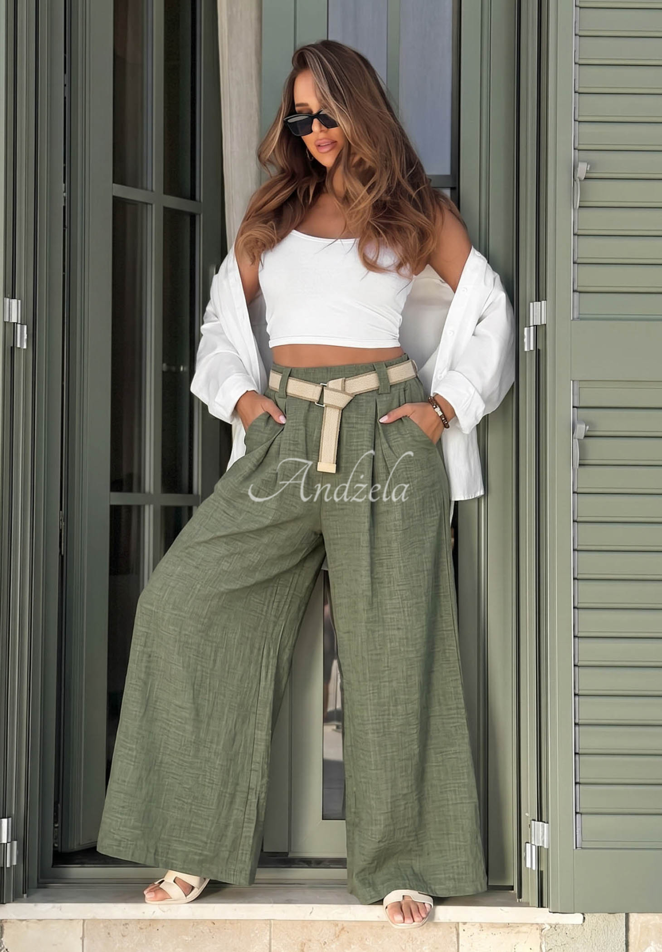 Kalhoty ze tkaniny wide leg s páskem Summer Aura khaki