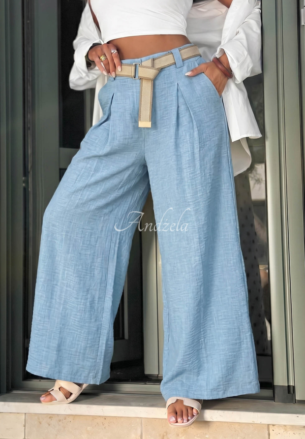 Kalhoty ze tkaniny wide leg s p&aacute;skem Summer Aura blankytn&eacute;
