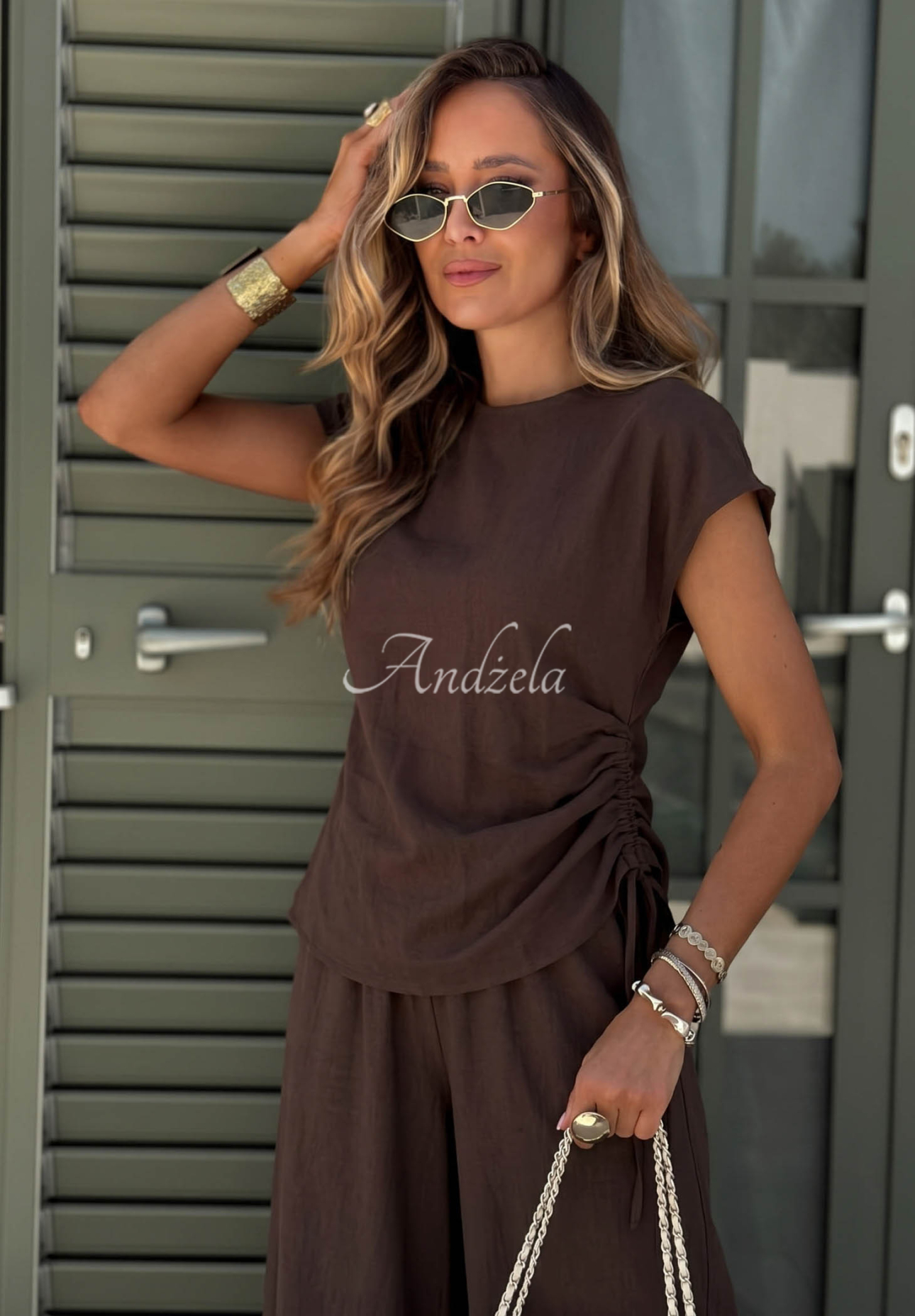 Souprava halenka a kalhoty s bavlnou a viskózou Glow Mood čokoládový