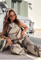 Vzorované Kalhoty wide leg w Bodky  Coffee Break biało-čokoládové