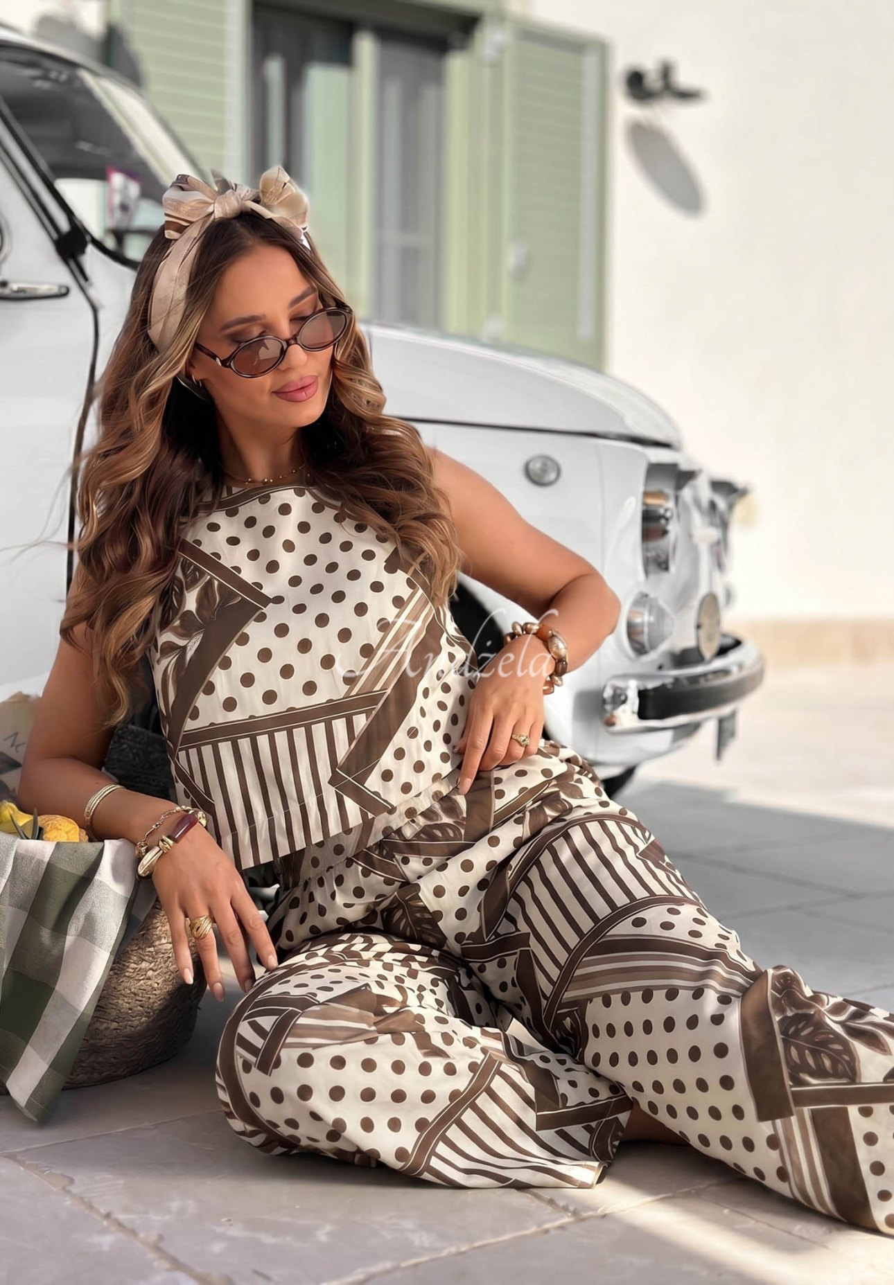 Vzorované kalhoty wide leg s puntíky z bavlny Coffee Break bílo-čokoládové