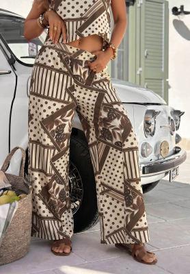 Vzorovan&eacute; kalhoty wide leg s punt&iacute;ky z bavlny Coffee Break b&iacute;lo-čokol&aacute;dov&eacute;