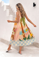 Plisowana wiskozowa Šaty midi vzorované Italian Palms błękitno-růžová