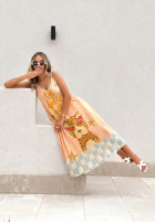 Plisowana wiskozowa Šaty midi vzorované Italian Palms błękitno-růžová