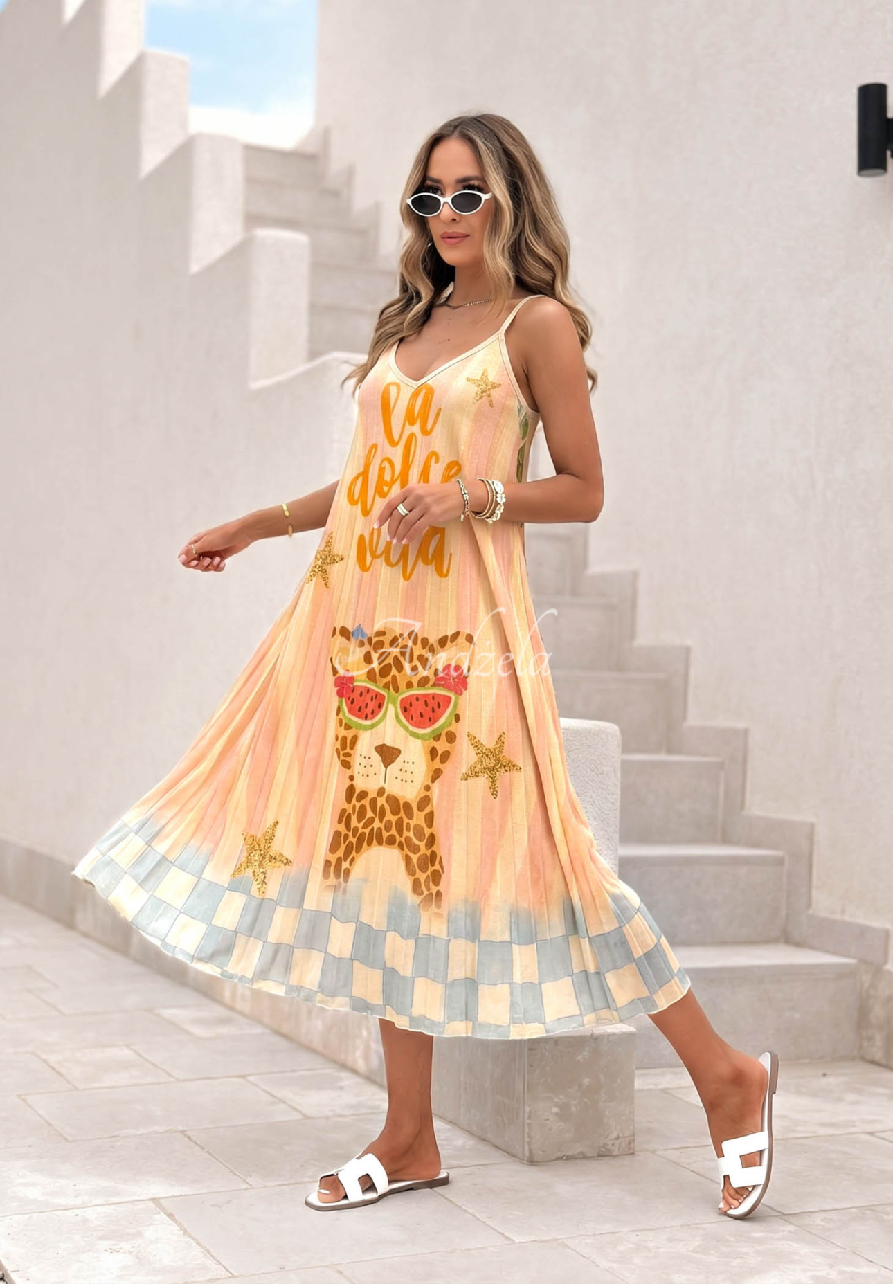 Plisované viskózové midi šaty se vzory Italian Palms světle modro-růžové