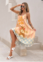 Plisowana wiskozowa Šaty midi vzorované Italian Palms błękitno-růžová