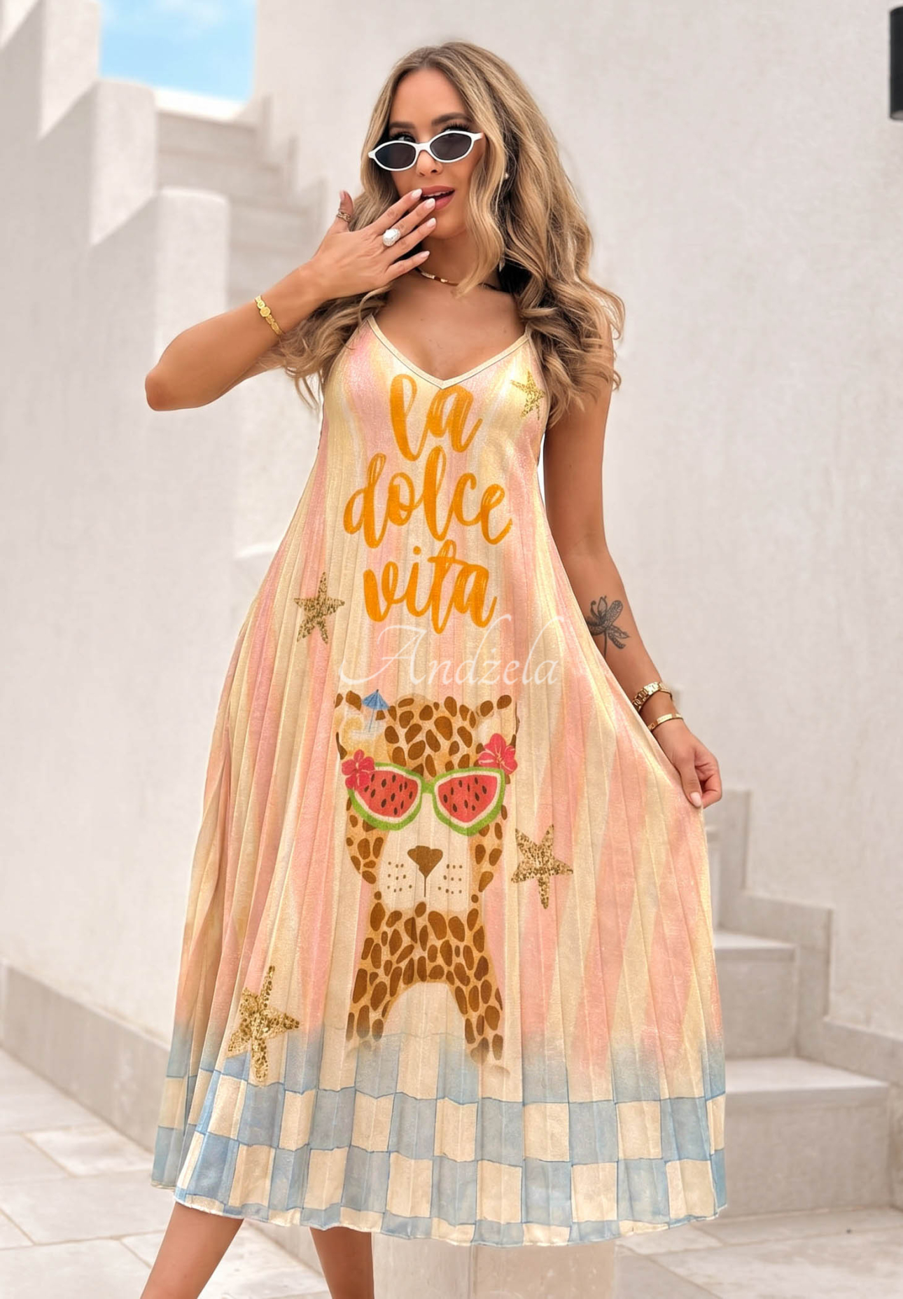 Plisované viskózové midi šaty se vzory Italian Palms světle modro-růžové