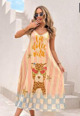 Plisované viskózové midi šaty se vzory Italian Palms světle modro-růžové