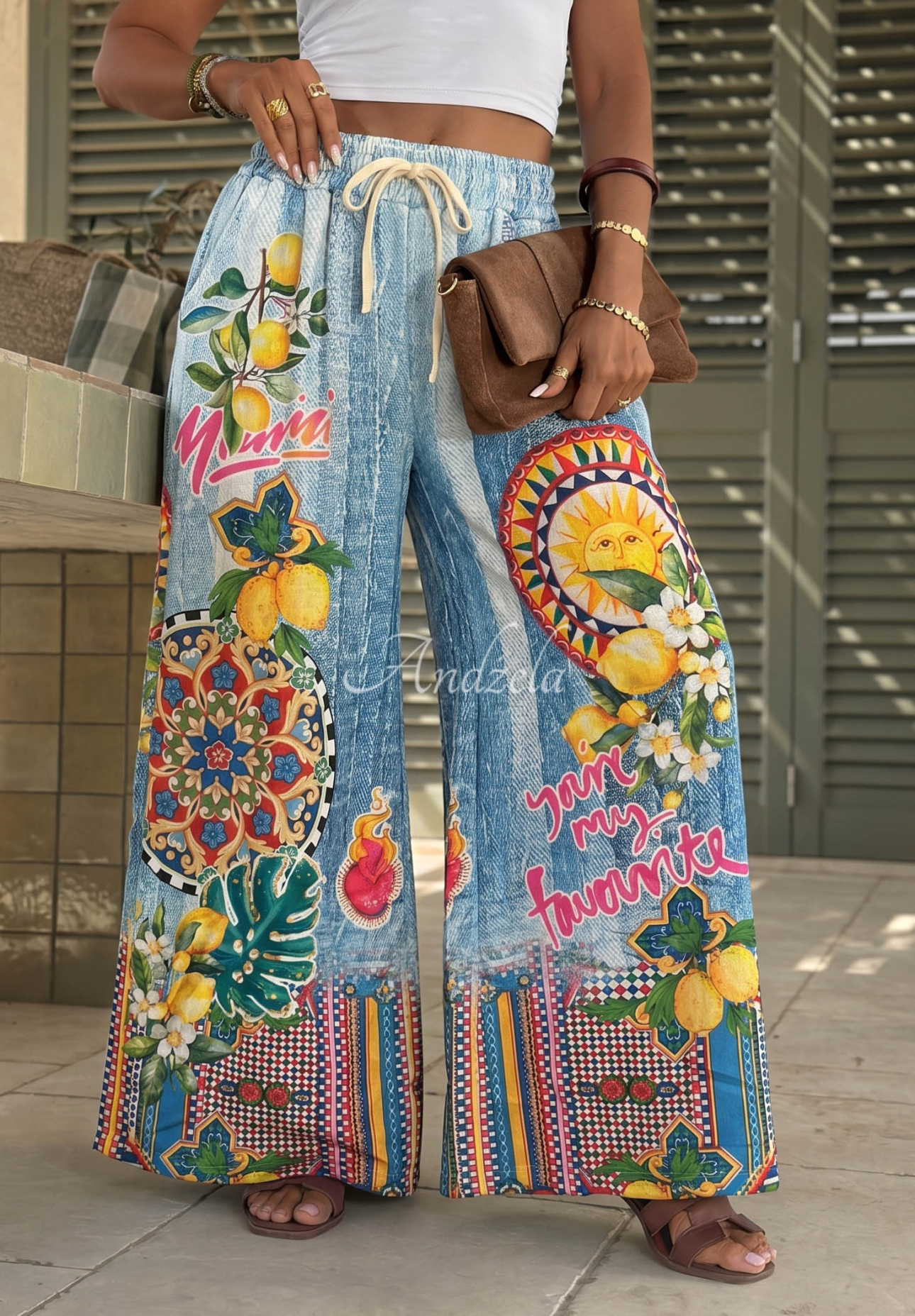 Látkové kalhoty wide leg se vzory You're My Favourite modré