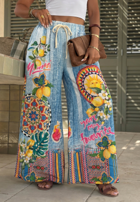 Látkové kalhoty wide leg se vzory You're My Favourite modré