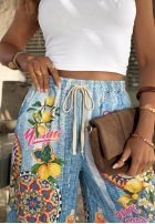 materiálové Kalhoty wide leg vzorované You're My Favourite modré