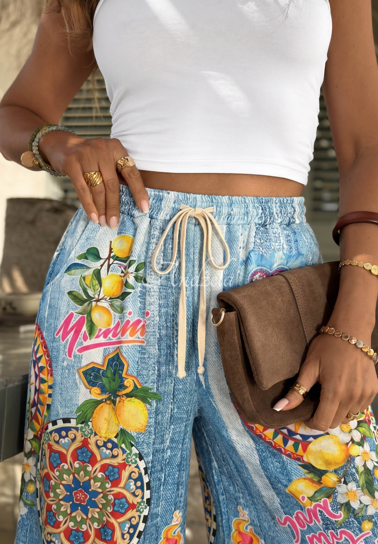 Látkové kalhoty wide leg se vzory You're My Favourite modré