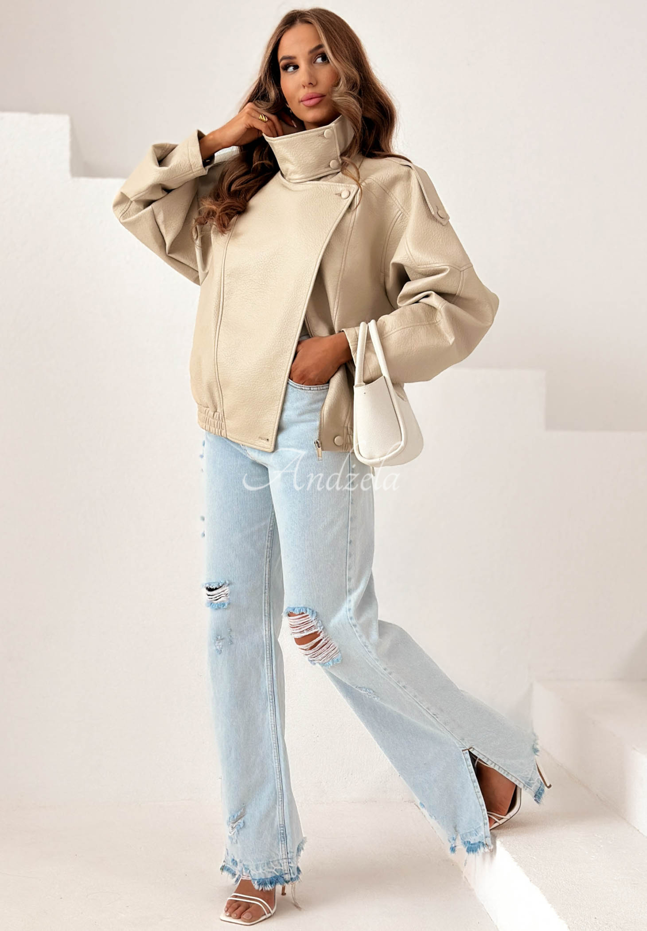 Kožená bunda se stahováním Amber Mood béžová