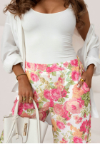 Lniane Kalhoty wide leg w kwiaty Warm Touch różowo-zelené