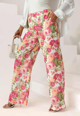 Lněn&eacute; kalhoty wide leg s květy Warm Touch růžovo-zelen&eacute;