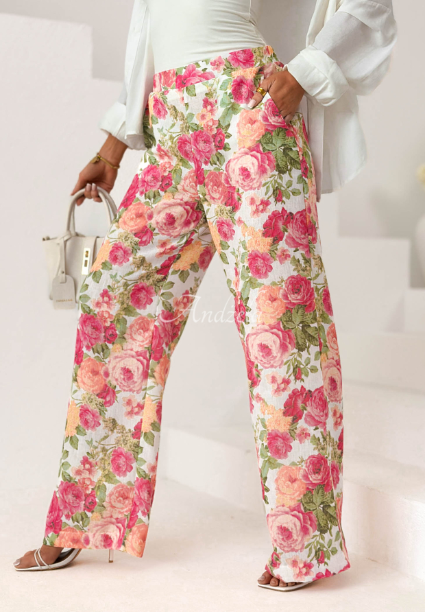 Lněn&eacute; kalhoty wide leg s květy Warm Touch růžovo-zelen&eacute;
