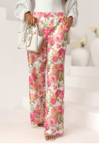 Lniane Kalhoty wide leg w kwiaty Warm Touch różowo-zelené