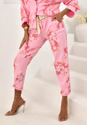 Kwieciste Kalhoty mom fit z paskiem Sunny Blossom růžov&eacute;