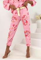 Kwieciste Kalhoty mom fit z paskiem Olive béžové