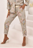 Kwieciste Kalhoty mom fit z paskiem Olive béžové