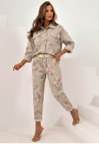 Kwieciste Kalhoty mom fit z paskiem Olive béžové