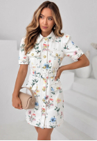 džínová Šaty mini w kwiaty z paskiem Flora Choice Bílá
