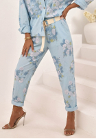 Kwieciste Kalhoty mom fit z paskiem Olive béžové