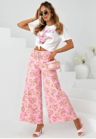 džínové  Kalhoty wide leg w kwiaty Flower Vibes růžové