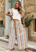 materiálové Kalhoty wide leg w paski Azurelle biało-blankytné