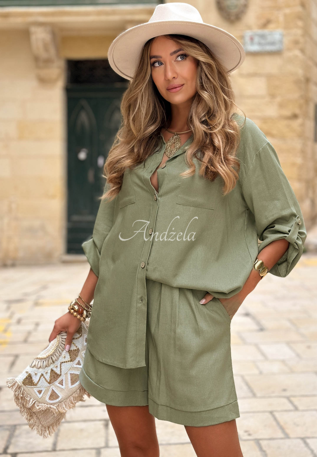 Lněná souprava košile a šortky City Safari khaki
