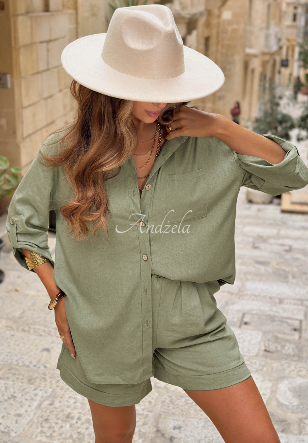 Lněn&aacute; souprava ko&scaron;ile a &scaron;ortky City Safari khaki