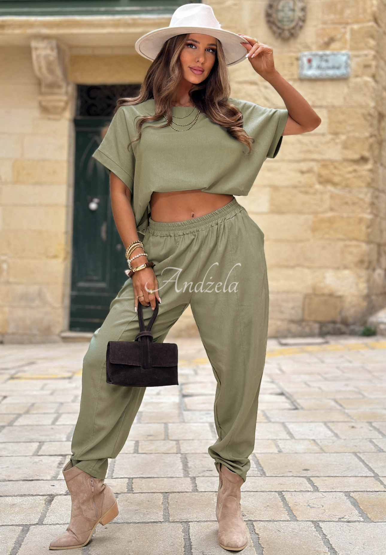 Lněná souprava halenka a kalhoty City Safari khaki