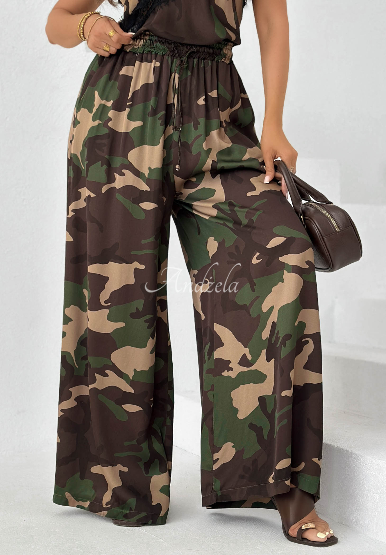 Viskózové kalhoty wide leg moro Fancy Cover khaki