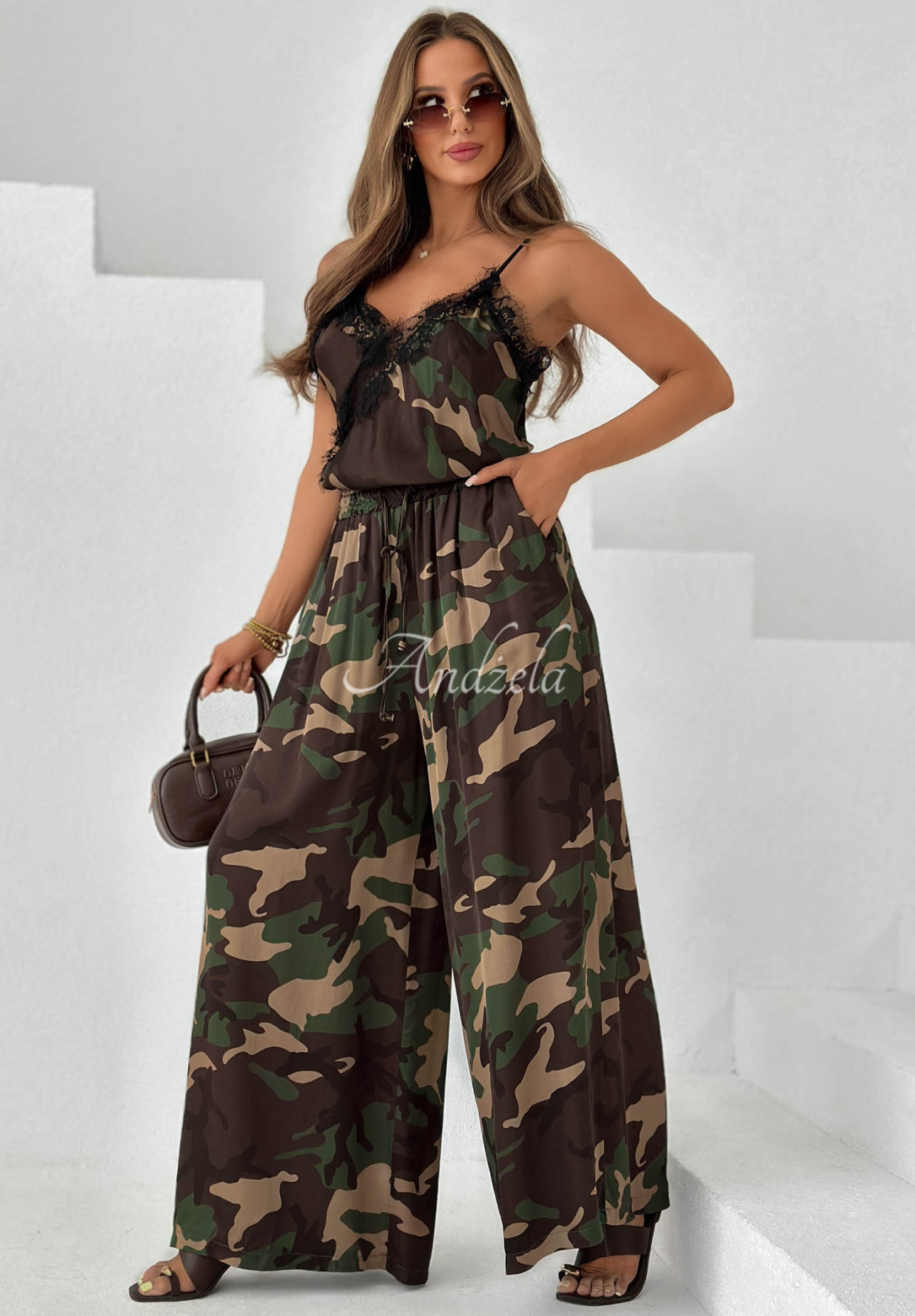 Viskózové kalhoty wide leg moro Fancy Cover khaki