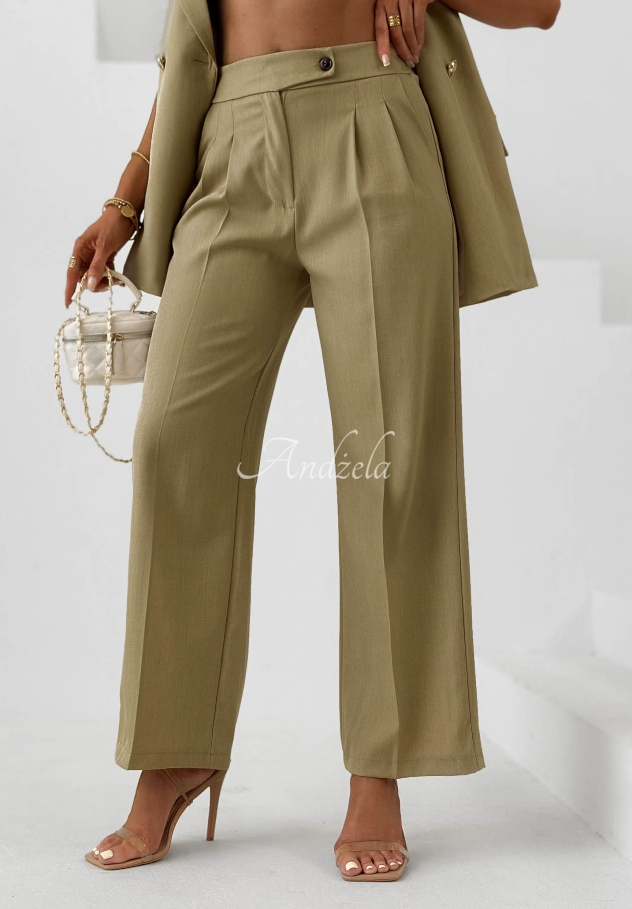 Látkové kalhoty wide leg s viskózou Sand Club khaki