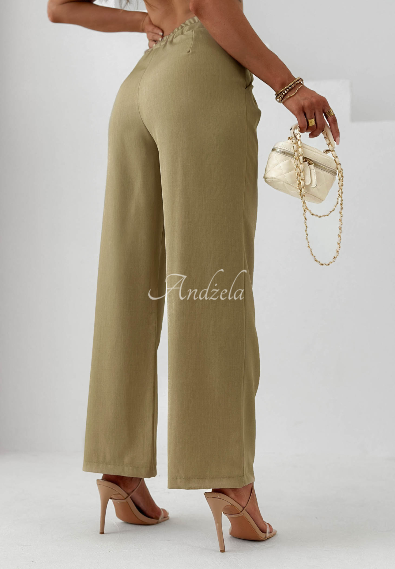 Látkové kalhoty wide leg s viskózou Sand Club khaki